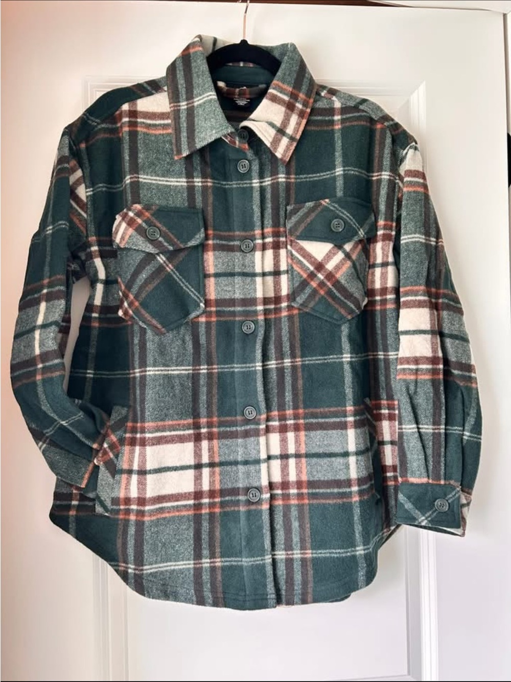 Woolx Sawyer Merino Wool Green and Cream Plaid Button-Up Shacket